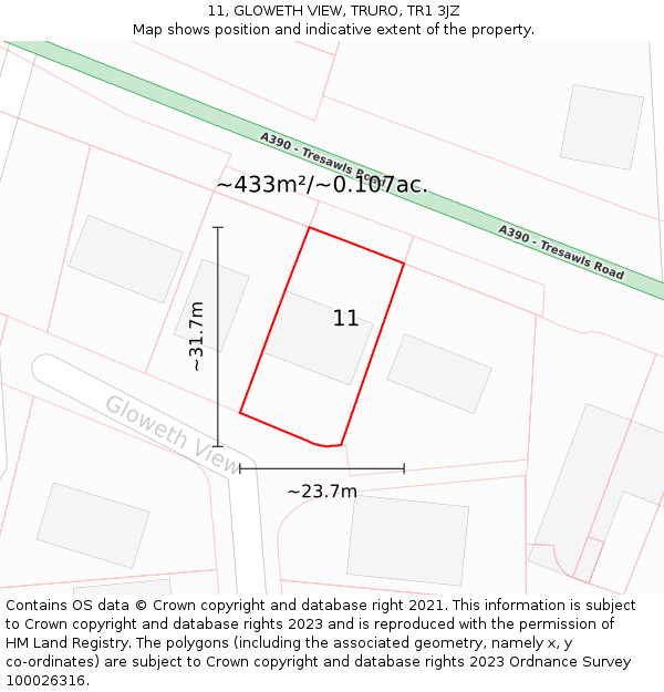 11, GLOWETH VIEW, TRURO, TR1 3JZ: Plot and title map