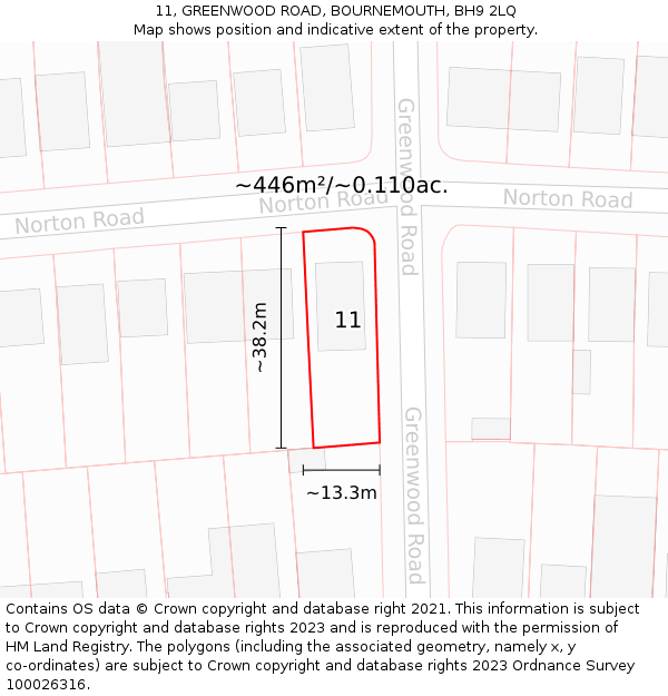 11, GREENWOOD ROAD, BOURNEMOUTH, BH9 2LQ: Plot and title map