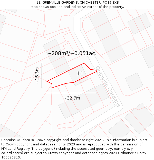 11, GRENVILLE GARDENS, CHICHESTER, PO19 8XB: Plot and title map