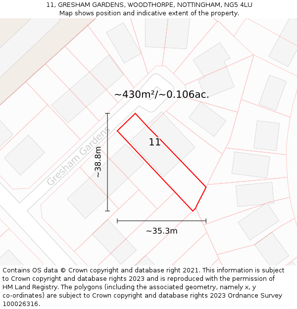11, GRESHAM GARDENS, WOODTHORPE, NOTTINGHAM, NG5 4LU: Plot and title map