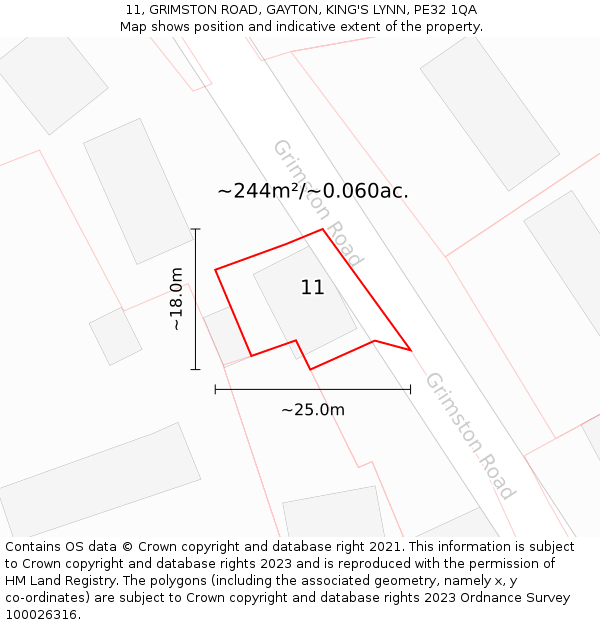 11, GRIMSTON ROAD, GAYTON, KING'S LYNN, PE32 1QA: Plot and title map