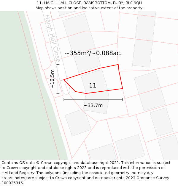 11, HAIGH HALL CLOSE, RAMSBOTTOM, BURY, BL0 9QH: Plot and title map