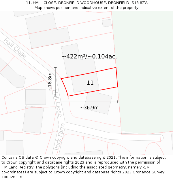 11, HALL CLOSE, DRONFIELD WOODHOUSE, DRONFIELD, S18 8ZA: Plot and title map