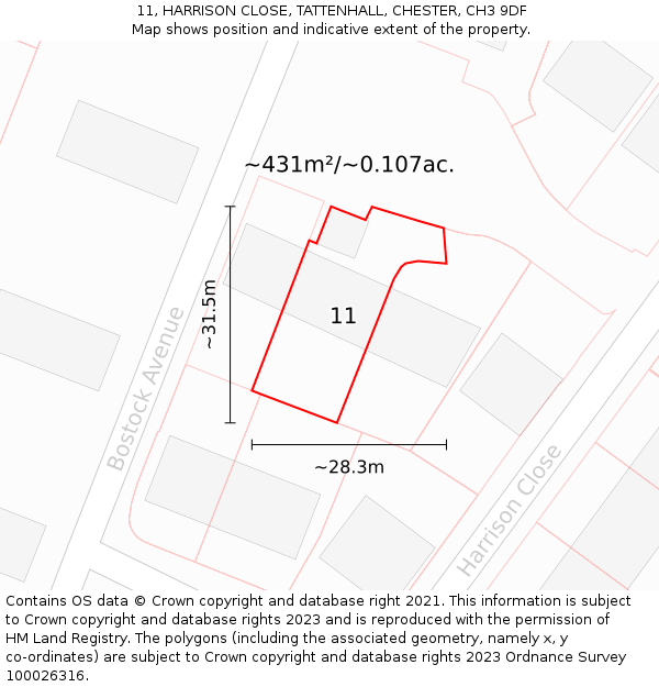 11, HARRISON CLOSE, TATTENHALL, CHESTER, CH3 9DF: Plot and title map