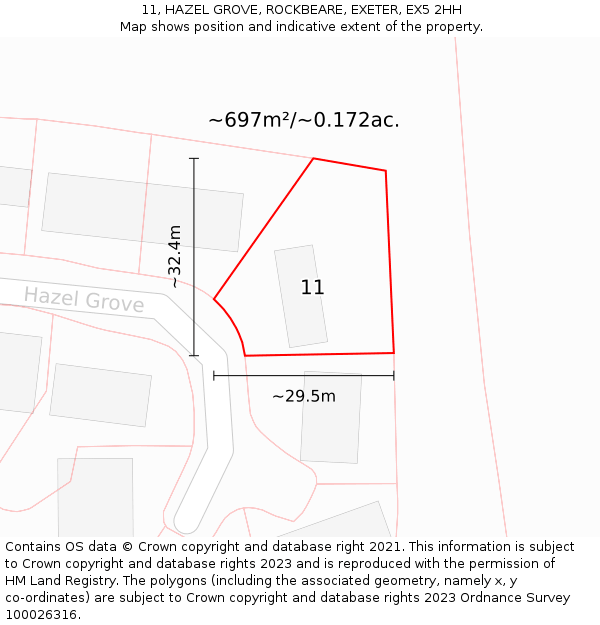 11, HAZEL GROVE, ROCKBEARE, EXETER, EX5 2HH: Plot and title map