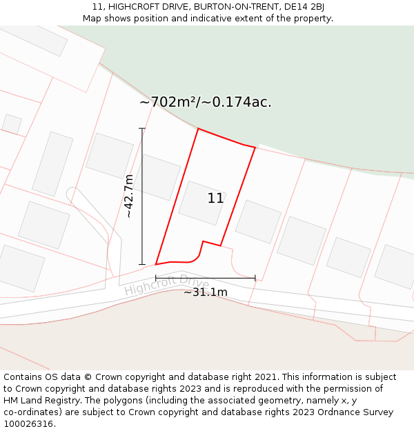 11, HIGHCROFT DRIVE, BURTON-ON-TRENT, DE14 2BJ: Plot and title map