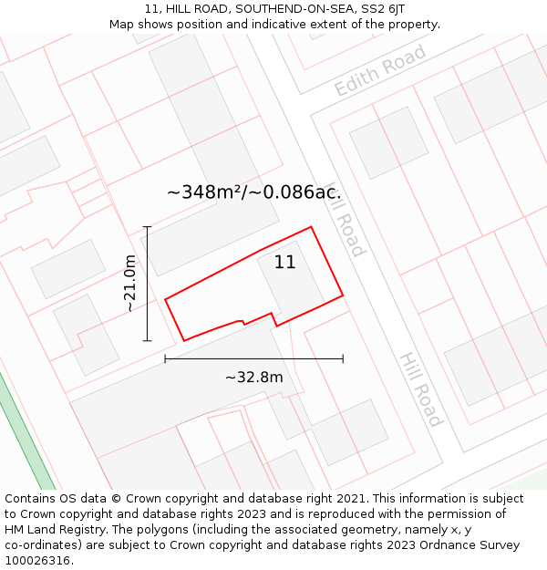 11, HILL ROAD, SOUTHEND-ON-SEA, SS2 6JT: Plot and title map