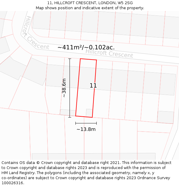 11, HILLCROFT CRESCENT, LONDON, W5 2SG: Plot and title map