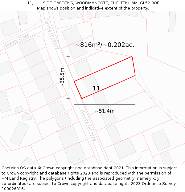 11, HILLSIDE GARDENS, WOODMANCOTE, CHELTENHAM, GL52 9QF: Plot and title map