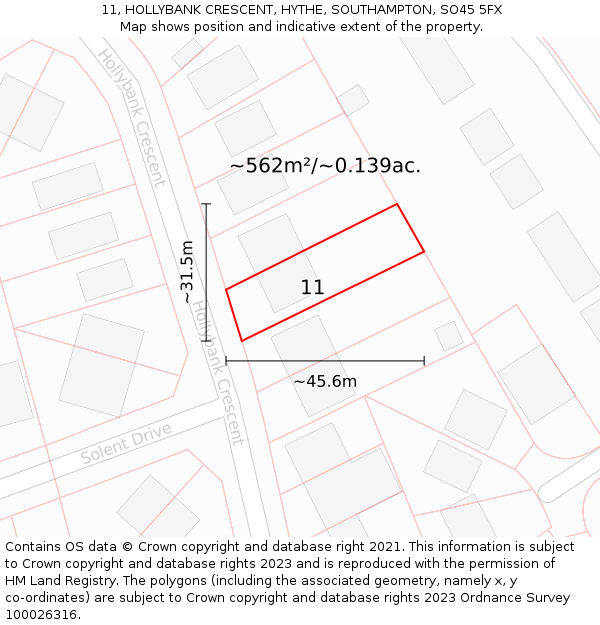 11, HOLLYBANK CRESCENT, HYTHE, SOUTHAMPTON, SO45 5FX: Plot and title map