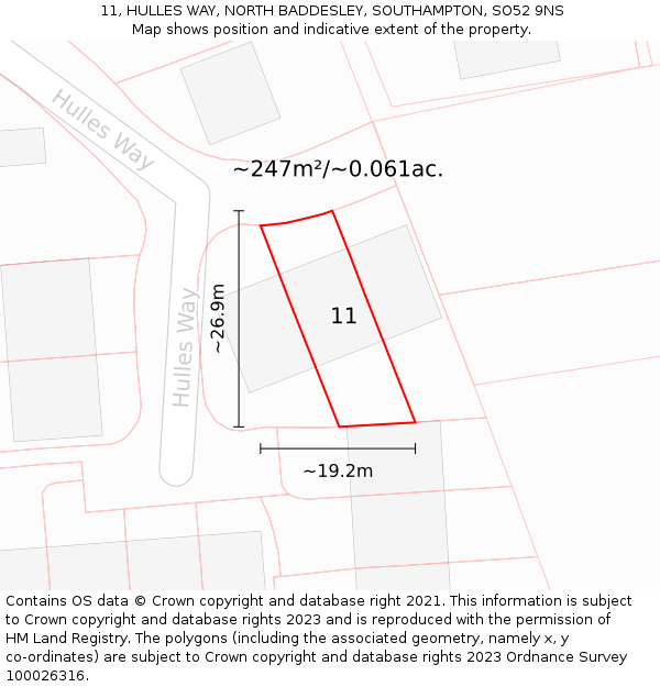 11, HULLES WAY, NORTH BADDESLEY, SOUTHAMPTON, SO52 9NS: Plot and title map