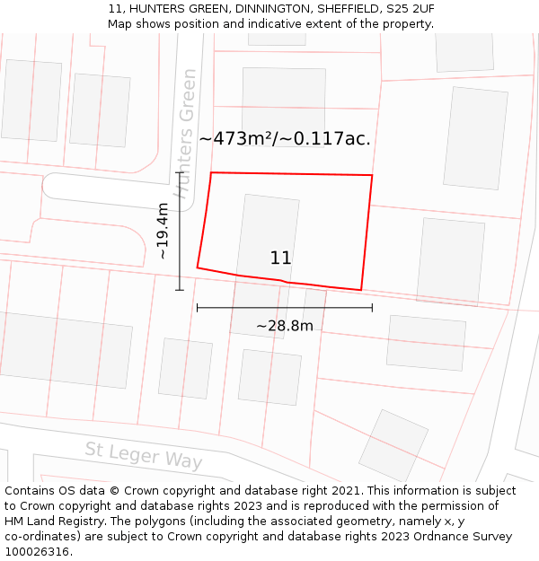 11, HUNTERS GREEN, DINNINGTON, SHEFFIELD, S25 2UF: Plot and title map