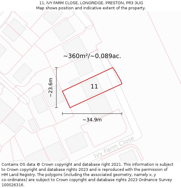 11, IVY FARM CLOSE, LONGRIDGE, PRESTON, PR3 3UG: Plot and title map