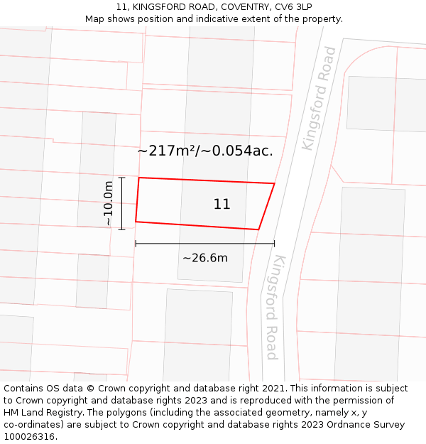 11, KINGSFORD ROAD, COVENTRY, CV6 3LP: Plot and title map