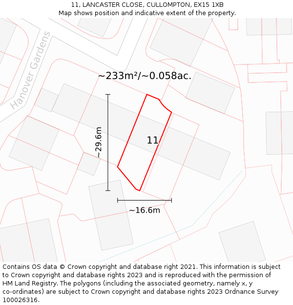 11, LANCASTER CLOSE, CULLOMPTON, EX15 1XB: Plot and title map