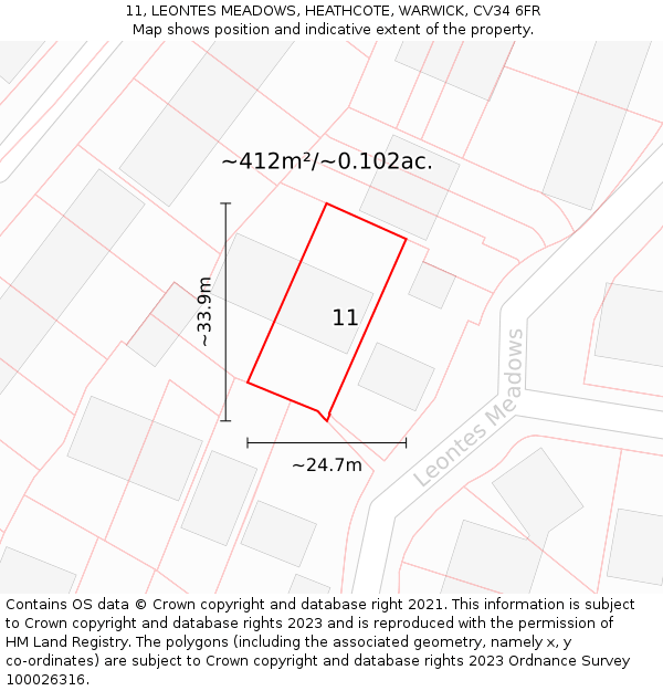 11, LEONTES MEADOWS, HEATHCOTE, WARWICK, CV34 6FR: Plot and title map