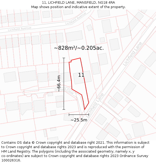 11, LICHFIELD LANE, MANSFIELD, NG18 4RA: Plot and title map
