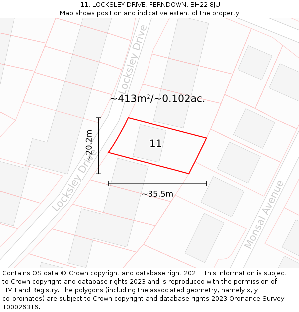 11, LOCKSLEY DRIVE, FERNDOWN, BH22 8JU: Plot and title map