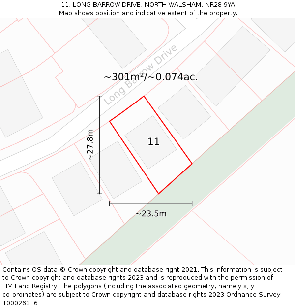 11, LONG BARROW DRIVE, NORTH WALSHAM, NR28 9YA: Plot and title map