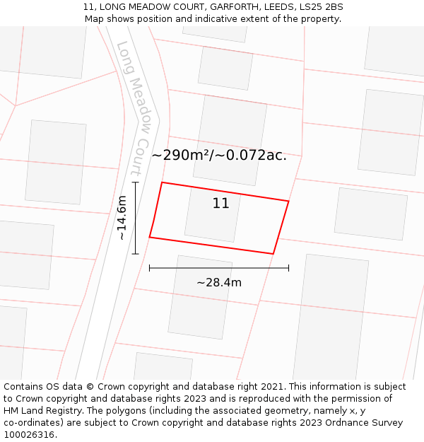 11, LONG MEADOW COURT, GARFORTH, LEEDS, LS25 2BS: Plot and title map