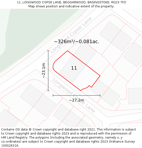 11, LONGWOOD COPSE LANE, BEGGARWOOD, BASINGSTOKE, RG23 7FD: Plot and title map