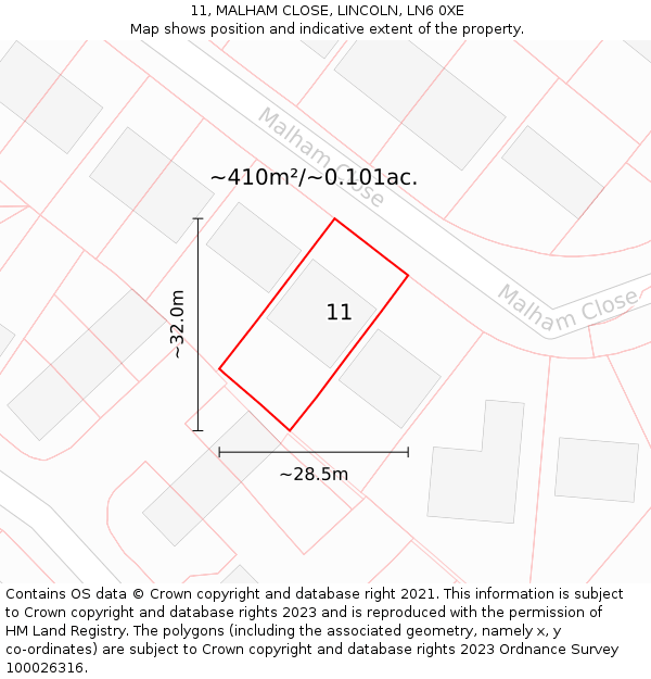 11, MALHAM CLOSE, LINCOLN, LN6 0XE: Plot and title map