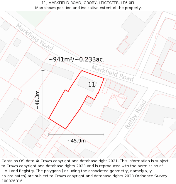 11, MARKFIELD ROAD, GROBY, LEICESTER, LE6 0FL: Plot and title map