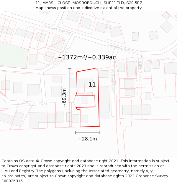 11, MARSH CLOSE, MOSBOROUGH, SHEFFIELD, S20 5PZ: Plot and title map