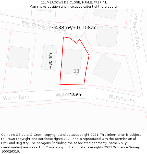 11, MEADOWSIDE CLOSE, HAYLE, TR27 4JL: Plot and title map