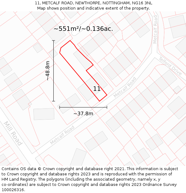 11, METCALF ROAD, NEWTHORPE, NOTTINGHAM, NG16 3NL: Plot and title map