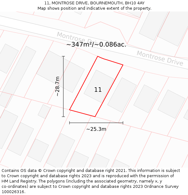 11, MONTROSE DRIVE, BOURNEMOUTH, BH10 4AY: Plot and title map