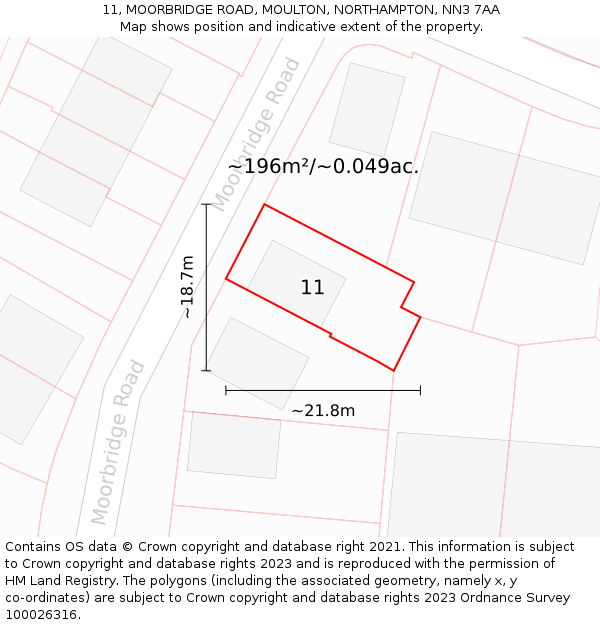 11, MOORBRIDGE ROAD, MOULTON, NORTHAMPTON, NN3 7AA: Plot and title map