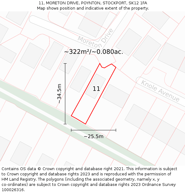 11, MORETON DRIVE, POYNTON, STOCKPORT, SK12 1FA: Plot and title map