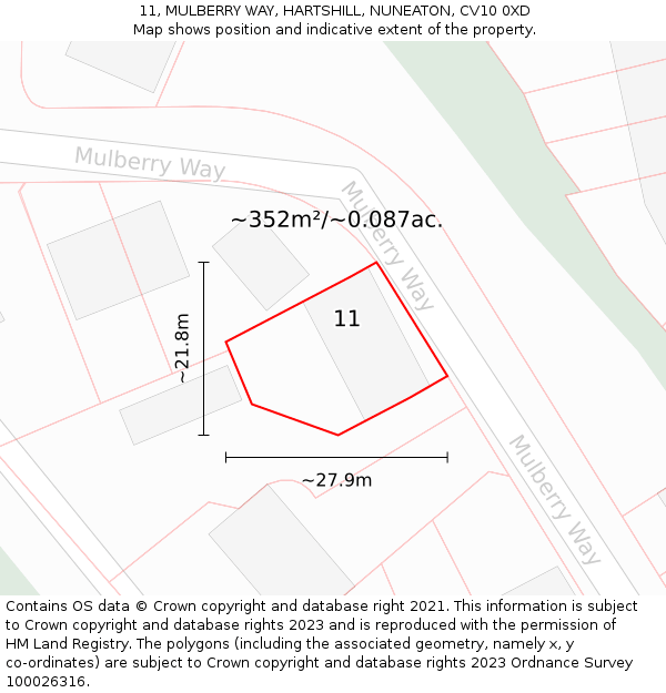 11, MULBERRY WAY, HARTSHILL, NUNEATON, CV10 0XD: Plot and title map