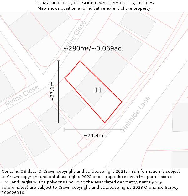 11, MYLNE CLOSE, CHESHUNT, WALTHAM CROSS, EN8 0PS: Plot and title map