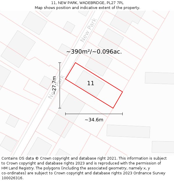 11, NEW PARK, WADEBRIDGE, PL27 7PL: Plot and title map