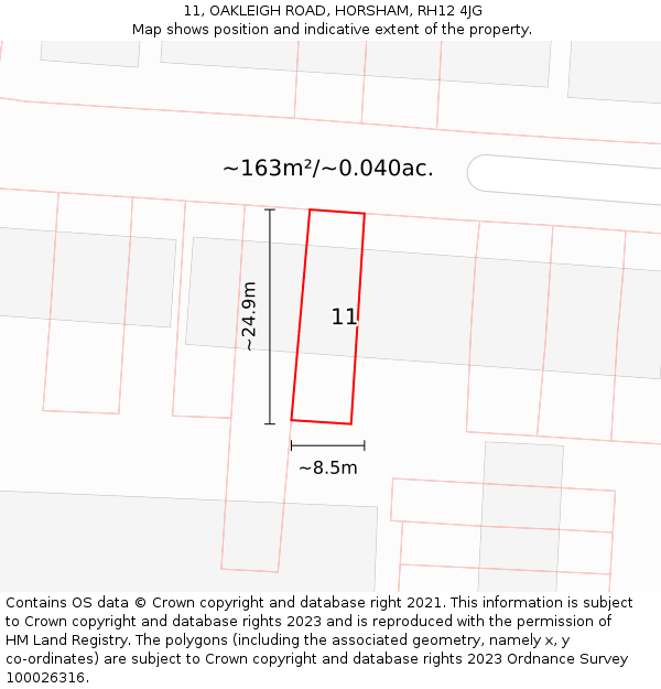 11, OAKLEIGH ROAD, HORSHAM, RH12 4JG: Plot and title map