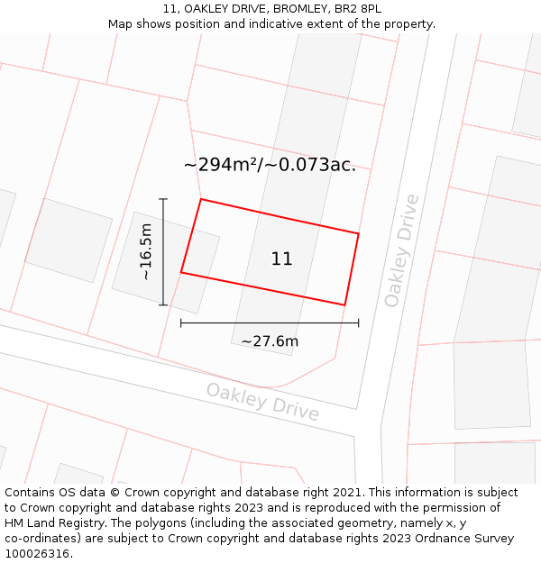 11, OAKLEY DRIVE, BROMLEY, BR2 8PL: Plot and title map