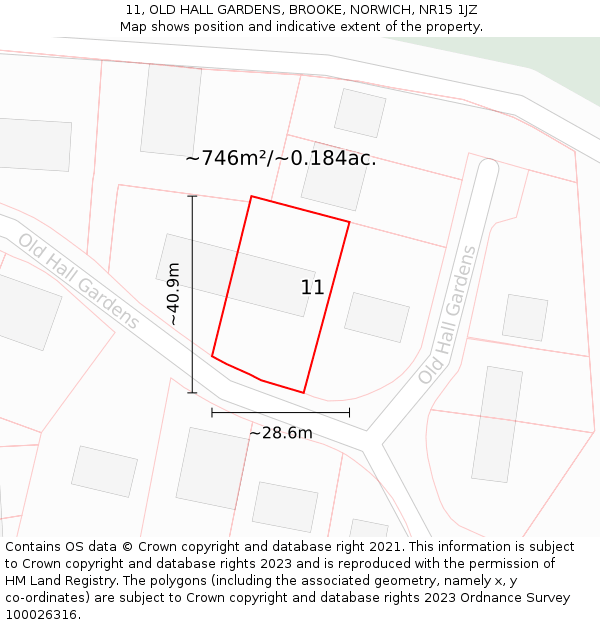 11, OLD HALL GARDENS, BROOKE, NORWICH, NR15 1JZ: Plot and title map