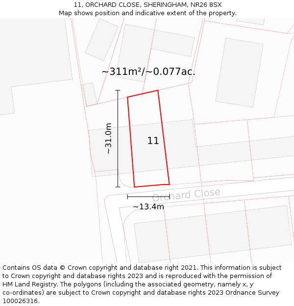 11, ORCHARD CLOSE, SHERINGHAM, NR26 8SX: Plot and title map