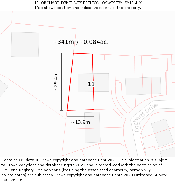 11, ORCHARD DRIVE, WEST FELTON, OSWESTRY, SY11 4LX: Plot and title map