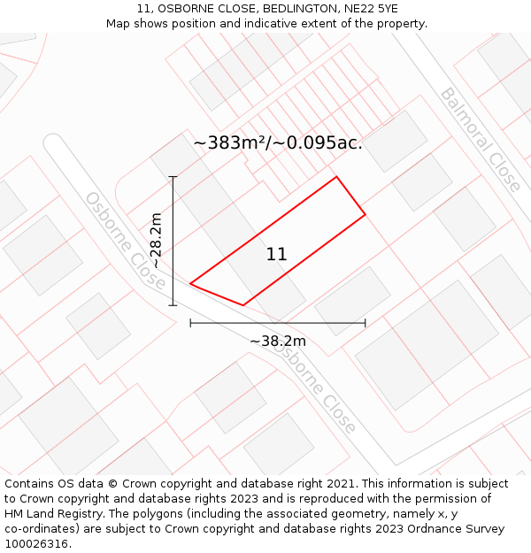 11, OSBORNE CLOSE, BEDLINGTON, NE22 5YE: Plot and title map