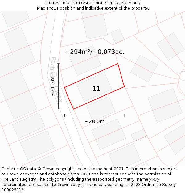 11, PARTRIDGE CLOSE, BRIDLINGTON, YO15 3LQ: Plot and title map