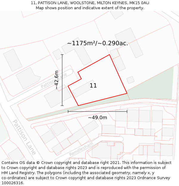 11, PATTISON LANE, WOOLSTONE, MILTON KEYNES, MK15 0AU: Plot and title map