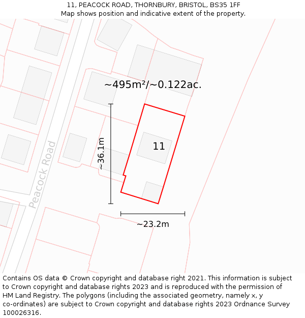 11, PEACOCK ROAD, THORNBURY, BRISTOL, BS35 1FF: Plot and title map