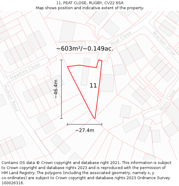 11, PEAT CLOSE, RUGBY, CV22 6SA: Plot and title map