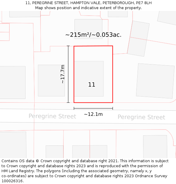 11, PEREGRINE STREET, HAMPTON VALE, PETERBOROUGH, PE7 8LH: Plot and title map