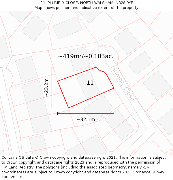 11, PLUMBLY CLOSE, NORTH WALSHAM, NR28 9YB: Plot and title map