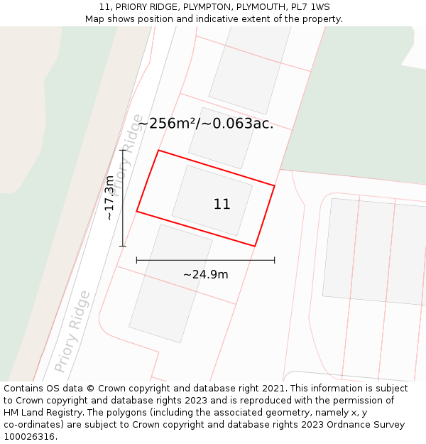 11, PRIORY RIDGE, PLYMPTON, PLYMOUTH, PL7 1WS: Plot and title map