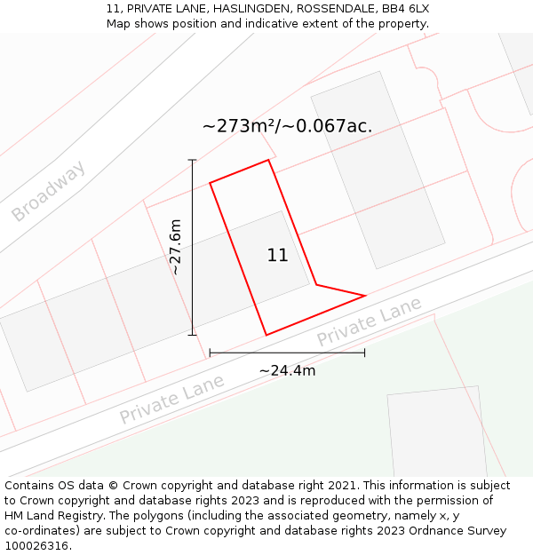 11, PRIVATE LANE, HASLINGDEN, ROSSENDALE, BB4 6LX: Plot and title map